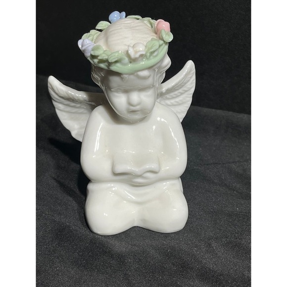 Small Glazed Ceramic angel reading bible. Flower headband. Shelf Decor. - Picture 1 of 6